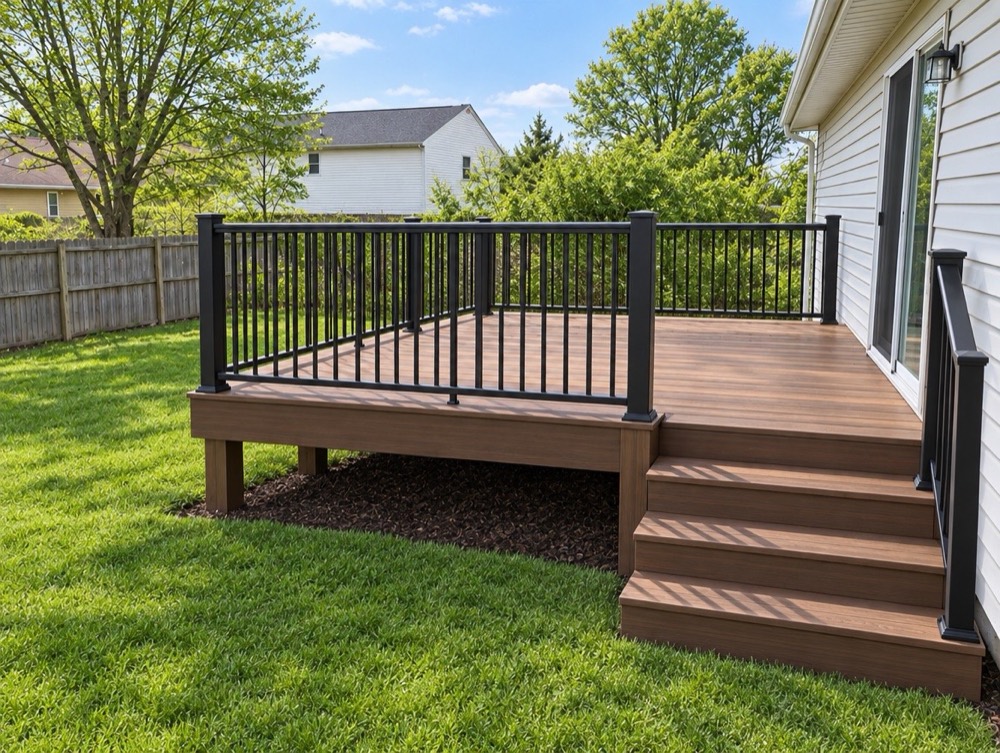 The same backyard with a rebuilt composite deck, new stairs and black metal railing