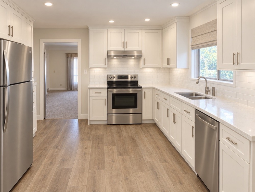 The same kitchen remodeled with white shaker cabinets, quartz counters and stainless appliances